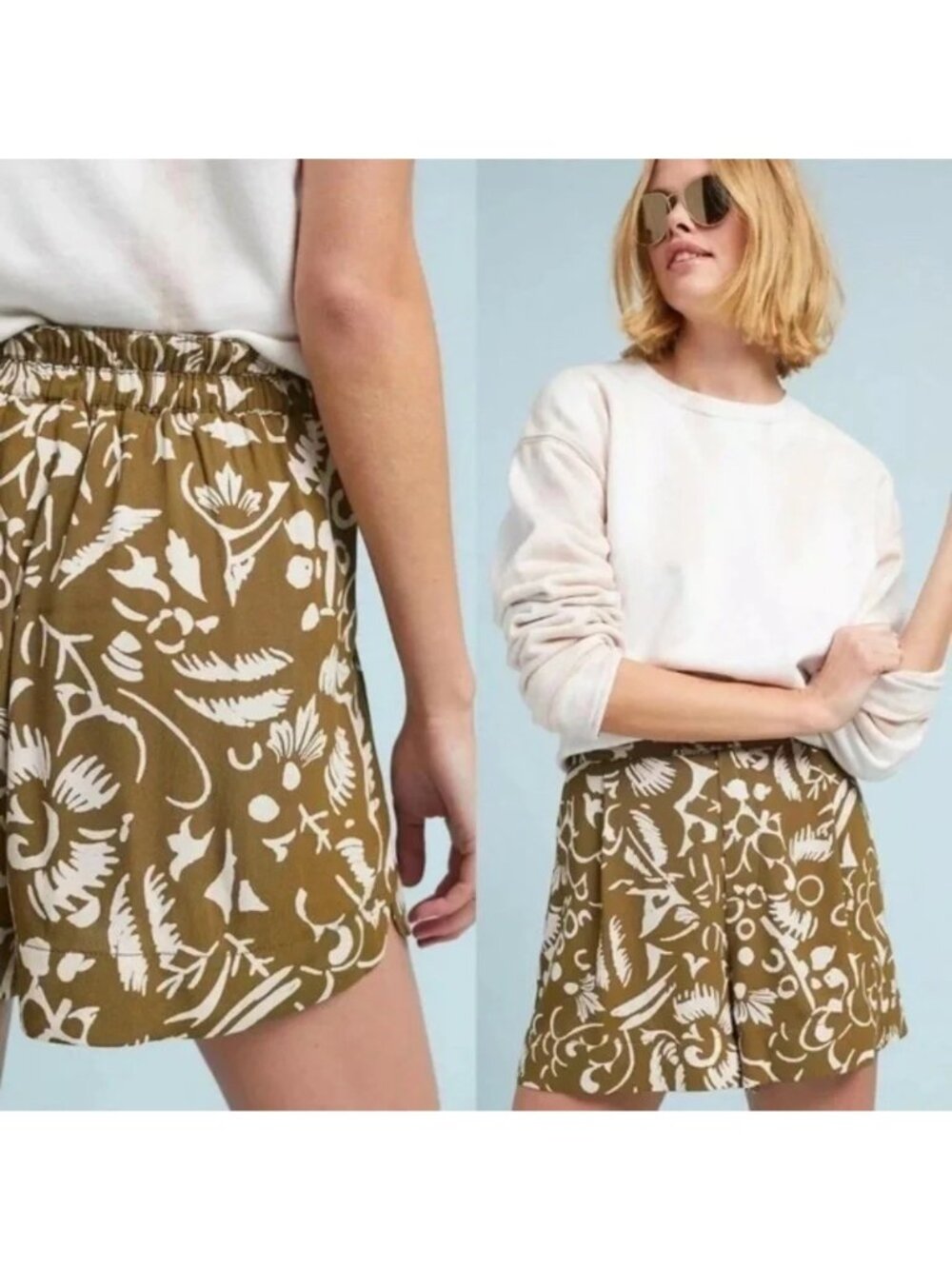 Anthropologie Ett Twa Olive White Floral Print High Waist Shorts XS Casual